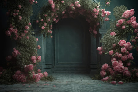 Textured dark sage wall background. Pink blossoming vegetation creeping texture. Generate aiの素材