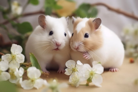 Two cute hamsters in floral garden. Rodent mammal mice in natural area. Generate aiの素材