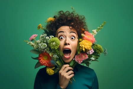 Astonished young beautiful model with colorful flowers bouquet. Surprised lady holding blossom flowers. Generate aiの素材