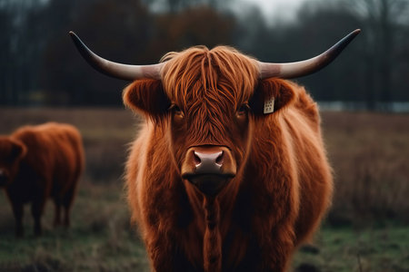 Highland hairy cattle cow. Farming furry bovine on green field. Generate aiの素材