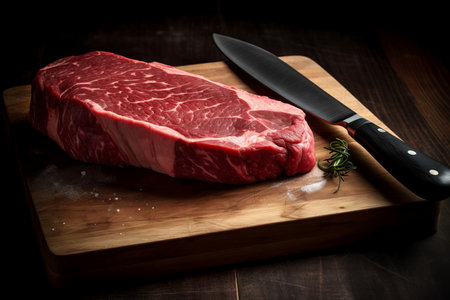 Piece meat steak. Black angus beefsteak lying with rosemary and kitchen tool. Generate AIの素材