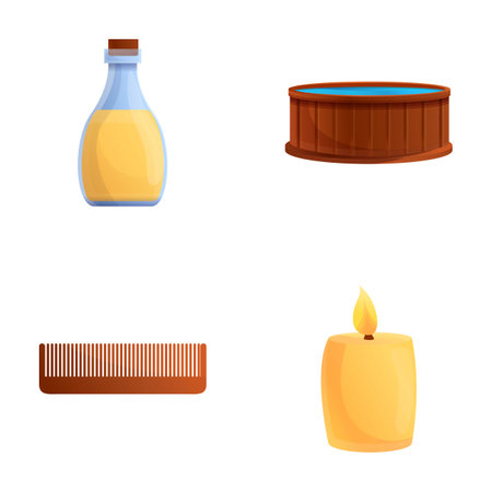 Wooden tub icons set cartoon vector. Bath and sauna accessory. Steam room and saunaのイラスト素材