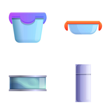 Food container icons set cartoon vector. Various product storage container. Metal and plastic packageのイラスト素材