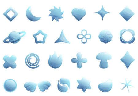 Y2k chrome icons set cartoon vector. Metal silver. Steel liquid figureのイラスト素材