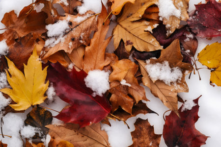 Autumn leaves on snow. Autumnal yellow colored foliage on frozen white surface. Generate aiの素材