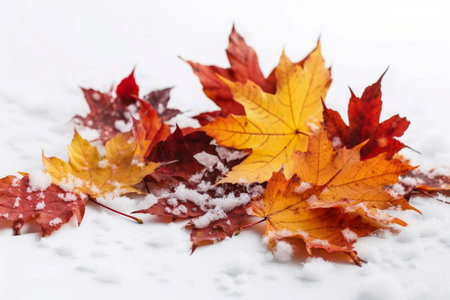 Autumn leafage on snowy surface. Fallen orange leaves on frozen icy ground. Generate aiの素材