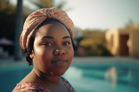 Chubby Nigerian girl at pool. Chilling plus size lady at outdoor swimming pool. Generate aiの素材