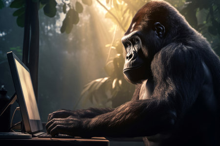 Gorilla coding at computer. Primate jungle animal programmer typing on keyboard. Generate aiの素材