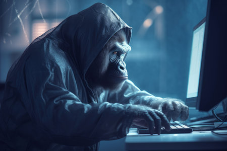 Gorilla in hoodie coding at computer. Wildlife jungle creature hacker programming. Generate aiの素材