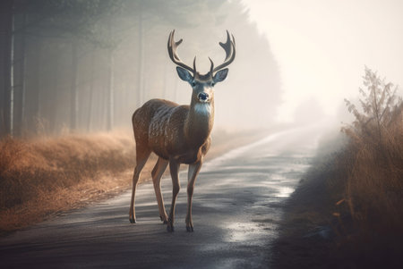 Deer animal on misty woodland road. Wildlife fauna on pathway in foggy morning. Generate aiの素材