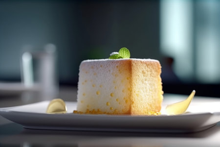 Freshly chiffon cake on ceramic plate. Flour egg wooden pie soft. Generate Aiの素材