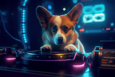 Corgi dog dj mixing music. Nightlife pet jockey club performer. Generate aiの素材