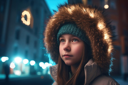 Siberian girl with fur jacket hood. Girl wearing hat in cold outdoor wintertime. Generate aiの素材