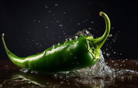 Green chili pepper refreshment water droplets. Verdant spicy pepper washing splashes. Generate aiの素材