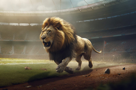 Lion roaring stage. Majestic and grownup animal running large arena. Generate AIの素材
