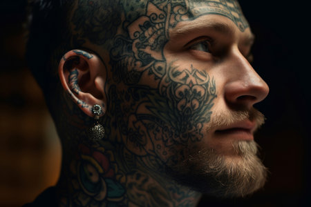 Man closeup portrait with facial tattoos and ear piercings. Artistry masculine tattoo body work. Generate aiの素材