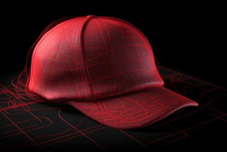 Soft hat with red tracks on dark background. Vibrant stripes imprinted crimson headgear cap. Generate aiの素材