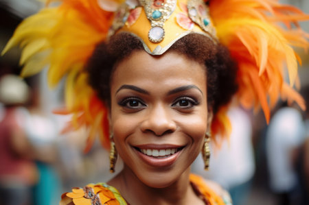 Beautiful lady brasil. Black and charming woman with headdress happy smiling. Generate AIの素材