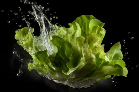 Fresh head lettuce. Verdant and healthy vegetables with splash water. Generate AIの素材