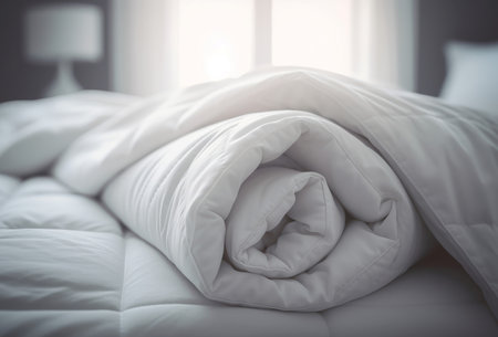 White folded duvet bed. Softly and pristine comforter minimalistic bedroom. Generate AIの素材