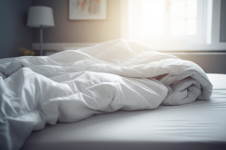 Clear bedding room. Uncomplicated and white bedclothes bright sunshine. Generate AIの素材