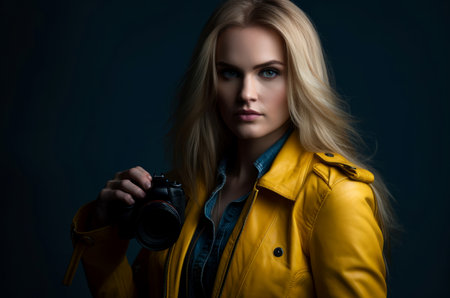Photographer woman long hair. Mature and confident person with yellow jacket. Generate AIの素材