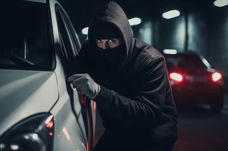 Car thief breaking stealing night outdoor. City auto robber vehicle secure. Generate Aiの素材
