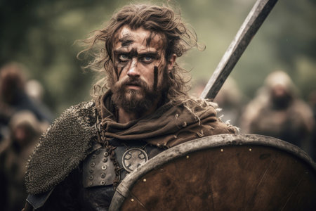 Celtic warrior person sad face. Skirt uniform forces landmark body. Generate Aiの素材
