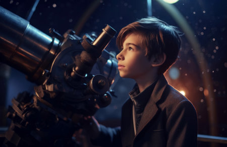 Pleased child boy with telescope. Curious kid in astronomy nebula observatory. Generate aiの素材
