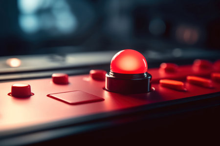 Red button control panel. Alertness command emergency light trigger. Generate aiの素材
