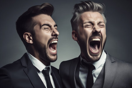 Two desperate businessmen shouting. Business partners furious aggressive face expression. Generate aiの素材