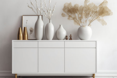 White dresser with white ceramic vases. Interior decoration details with minimalistic style. Generate aiの素材