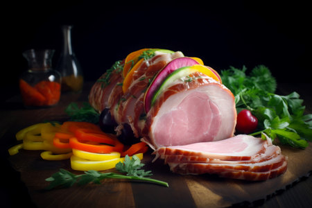 Cooked ham colorful serving platter. Gourmet baked meat with fresh vegetables. Generate aiの素材