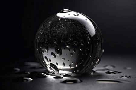 Crystal ball with water splashes on dark background. Wet mystery sphere on black backdrop. Generate aiの素材