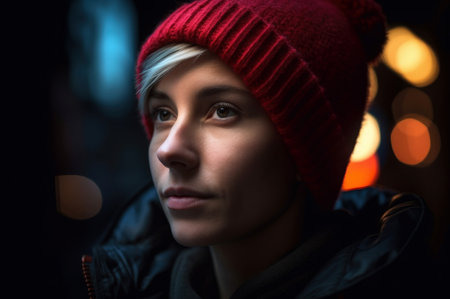 Blonde woman wearing red knitted hat. Pretty female model winter woolen clothing. Generate aiの素材