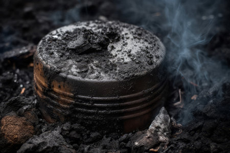 Ashes after barbecue. Fireplace charcoal remains in grill equipment. Generate aiの素材