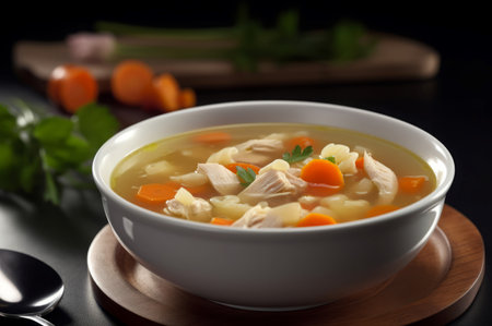 Chicken soup bowl. Healthy tasty homemade gourmet bouillon. Generate aiの素材