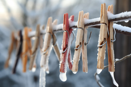 Clothespins hanging with ice. Clothes pegs on winter frozen clothesline. Generate aiの素材