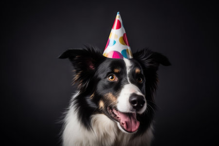 Collie dog celebrating. Famous and cheerful animal with multicolored cap. Generate AIの素材