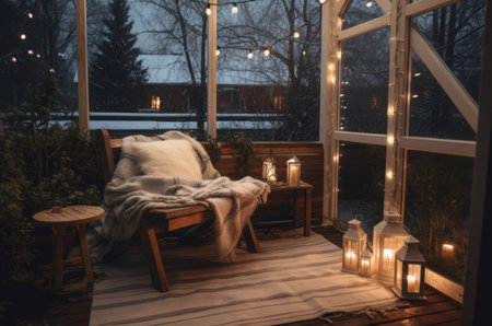 Cozy outdoor patio. Comfortable and luxurious room with wooden furniture. Generate AIの素材