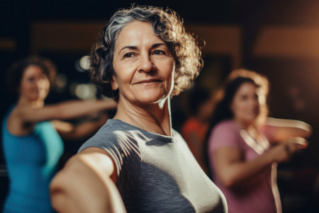 Middle aged women enjoying dance. Mature and happy lady with grey shirt. Generate AIの素材