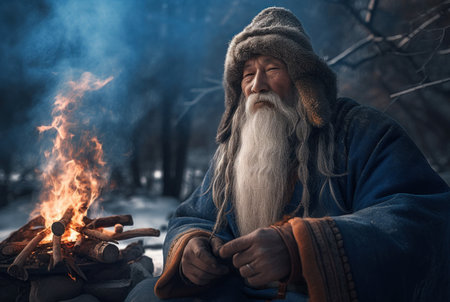 Mongolian old man. Bearded and serious senior sitting fire with blue jacket. Generate AIの素材