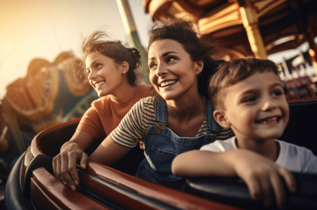 Happy family roller coaster. Smiling and joyful children with thoughtful mother. Generate AIの素材