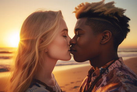 Multi ethnic couple love kissing. Attractive and beautiful romantic loving pair beach. Generate AIの素材