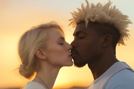 Romantic ethnic couple. White beautiful girl and black men with hairstyle loving together. Generate AIの素材