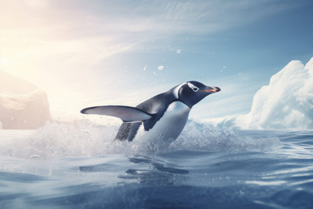 Penguin sliding on icy water. Antarctica polar cute marine bird. Generate aiの素材