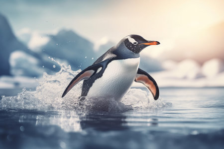 Penguin sliding ice. Oceanic polar bird creature in cold marine water. Generate aiの素材