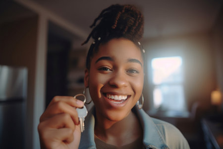 Person receives keys home. Happiness and smiling black girl with hairstyle. Generate AIの素材