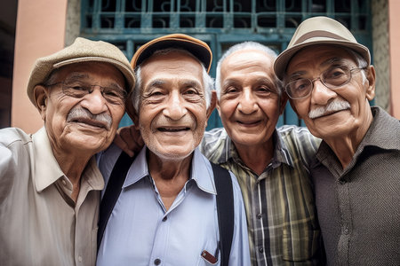 Photography selfie group elderly men. Senior male friends taking selfie photo together. Generate aiの素材