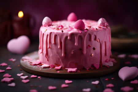 Pink cake with hearts shapes ornaments. Couple anniversary celebration baked dessert. Generate aiの素材
